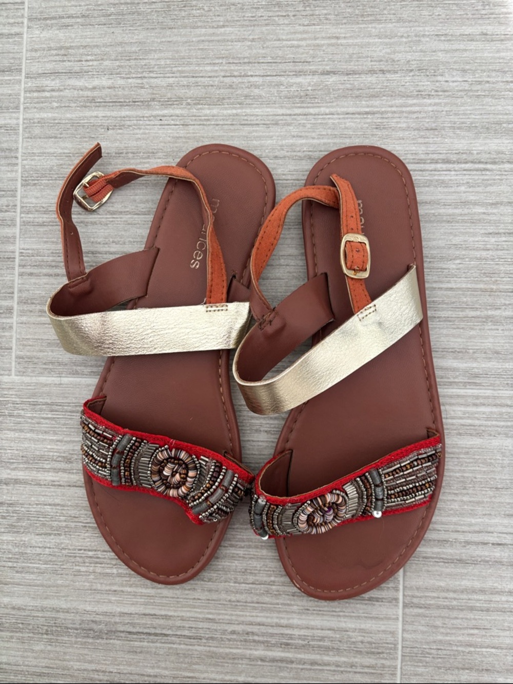 🌻5/$20🌻 Maurices Brown Sandals with Gold Ankle Strap and Red Beaded Accent